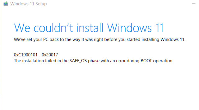 0xC1900101 – 0x20017 Installation failed in SAFE_OS phase with an error during BOOT operation